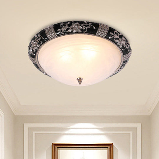 Black - Gold Semi - Orb Flush Mount Lamp With Satin Glass Shade For Hallway