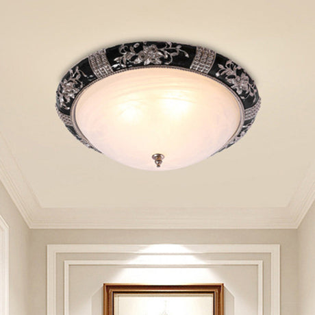 Black-Gold Semi-Orb Flush Mount Lamp With Satin Glass Shade For Hallway