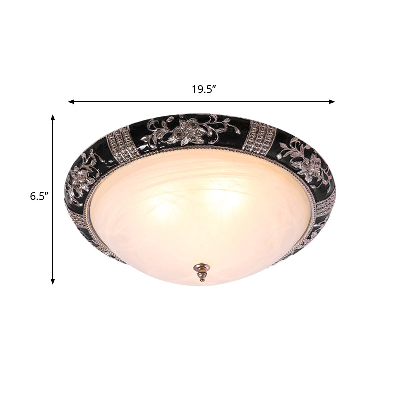 Black-Gold Semi-Orb Flush Mount Lamp With Satin Glass Shade For Hallway