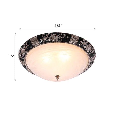 Black-Gold Semi-Orb Flush Mount Lamp With Satin Glass Shade For Hallway