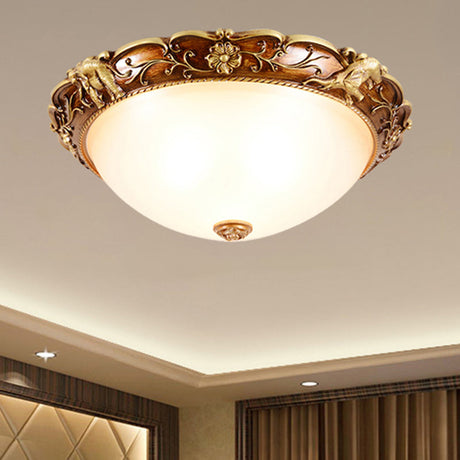 Traditional Flush Mount Ceiling Lighting With Floral And Elephant Deco In Brown - 3-Light Bowl