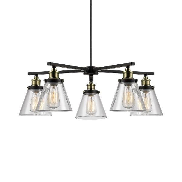 Vintage Black 5-Light Chandelier Pendant With Clear Glass Cone Shades For Dining Room Lighting