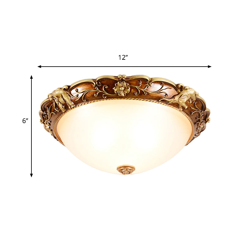 Traditional Flush Mount Ceiling Lighting With Floral And Elephant Deco In Brown - 3 - Light Bowl