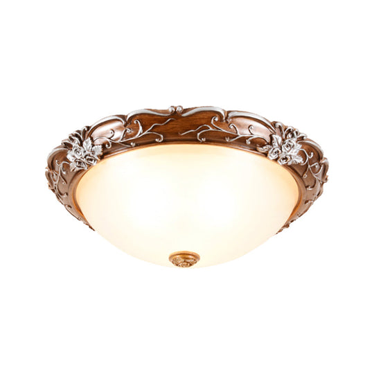Milky Glass Brown Ceiling Lamp - Semi - Spherical 3 Bulb Flush Mount Lighting With Flower Pattern