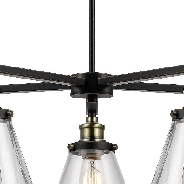 Vintage Black 5-Light Chandelier Pendant With Clear Glass Cone Shades For Dining Room Lighting