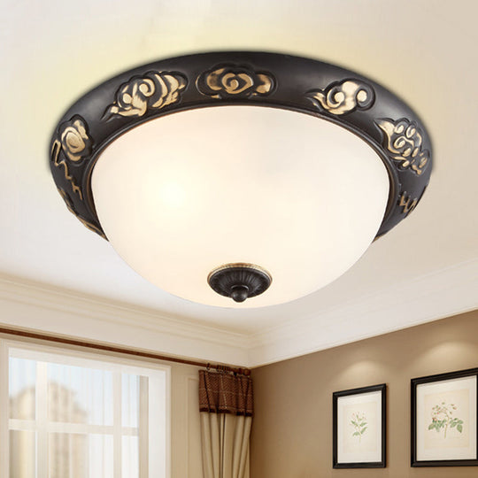 Retro Flush Mount Ceiling Lamp - 15/19.5 Milk Glass Black-Gold Dome Shape 3/4 Lights Bedroom Fixture