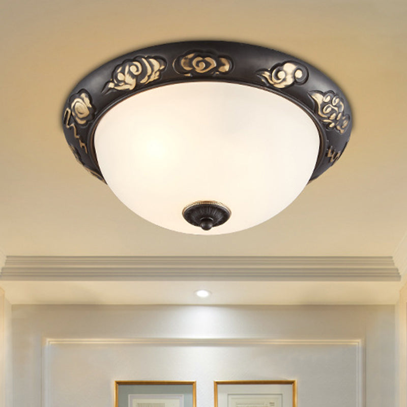 Retro Flush Mount Ceiling Lamp - 15’/19.5’ Milk Glass Black - Gold Dome Shape 3/4 Lights