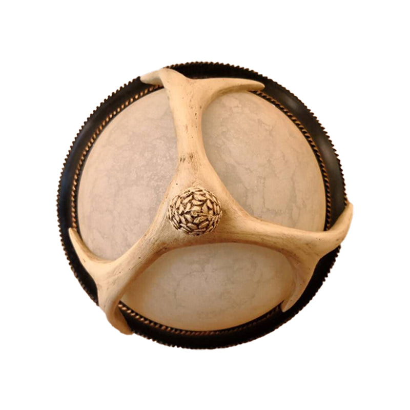 Semi - Ball Flush Mount 2 - Head Ceiling Light With Classic Wood Resin And Antler Deco - Ideal For