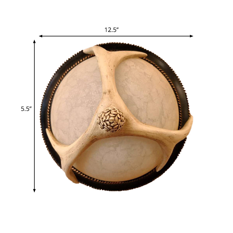 Semi - Ball Flush Mount 2 - Head Ceiling Light With Classic Wood Resin And Antler Deco - Ideal For