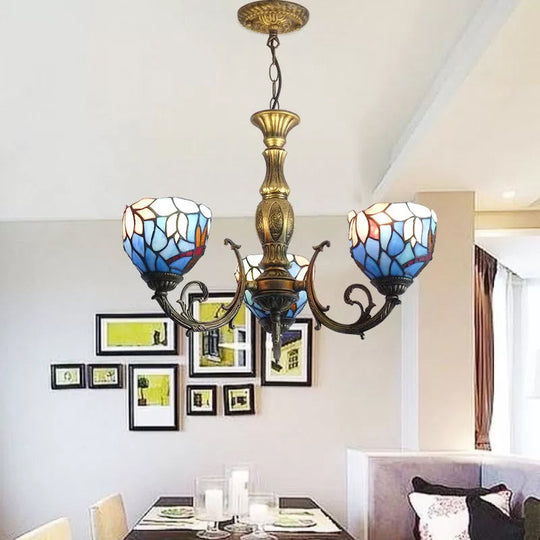 Tiffany Style 3-Light Chandelier With Art Glass Bell Shades In Aged Brass For Living Rooms Blue