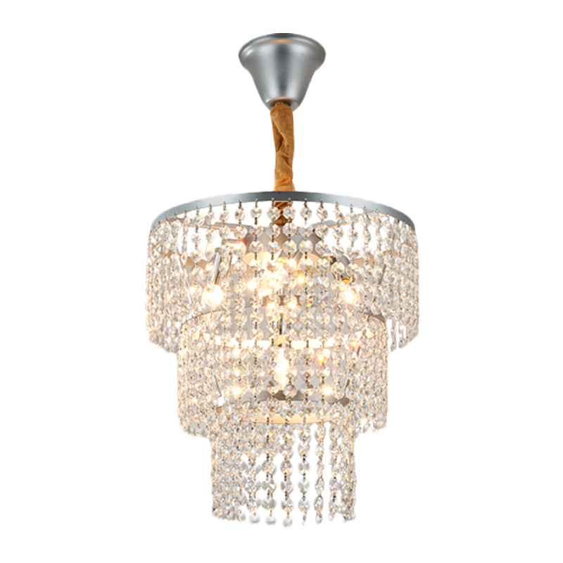 Modern Silver Chandelier With 3-Tier Crystal Strand Shade - Bedroom Suspension Light 4 Lights