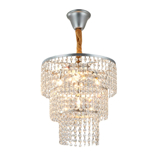 Modern Silver Chandelier With 3-Tier Crystal Strand Shade - Bedroom Suspension Light 4 Lights