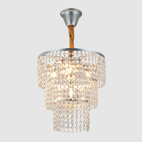 Modern Silver Chandelier With 3-Tier Crystal Strand Shade - Bedroom Suspension Light 4 Lights