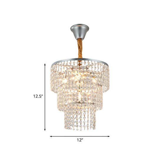Modern Silver Chandelier With 3-Tier Crystal Strand Shade - Bedroom Suspension Light 4 Lights