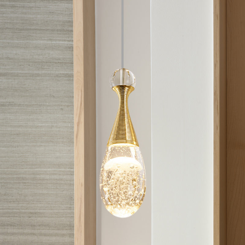 Gold Finish Teardrop Pendant Light With Clear Crystal And Led