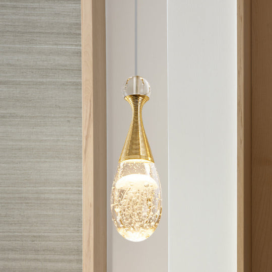 Gold Finish Teardrop Pendant Light With Clear Crystal And Led