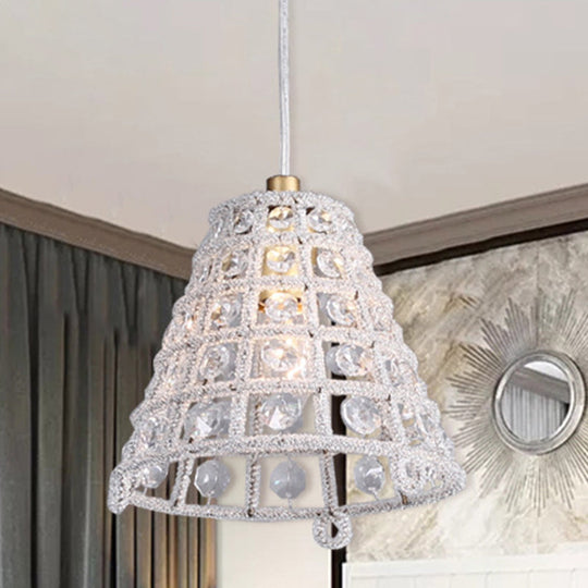 Modernist Crystal Bead Cone Cage Pendant Light In Gold - Bedroom Pendulum Lamp