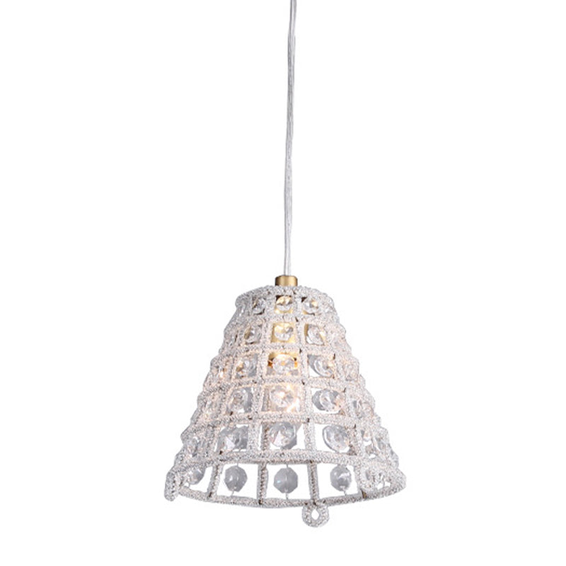 Gold Cone Cage Pendant Light With Crystal Beads - Modernist Bedroom Lamp