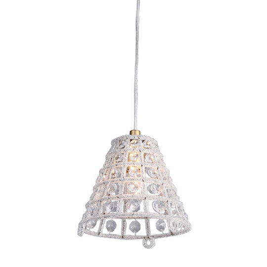 Gold Cone Cage Pendant Light With Crystal Beads - Modernist Bedroom Lamp
