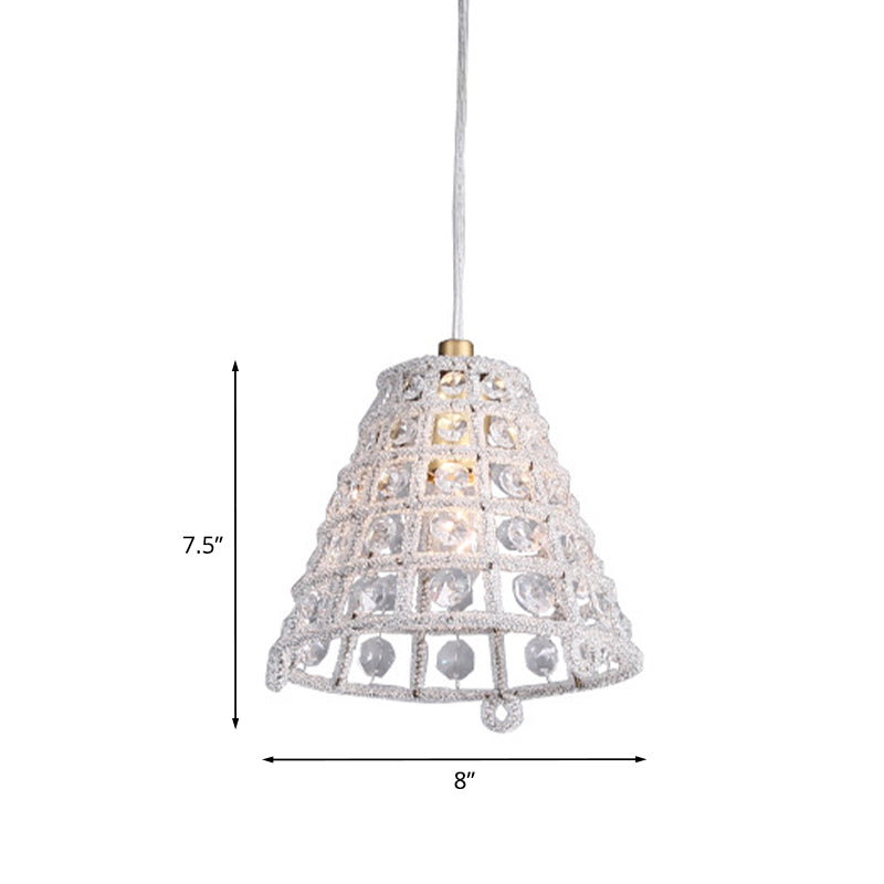 Gold Cone Cage Pendant Light With Crystal Beads - Modernist Bedroom Lamp