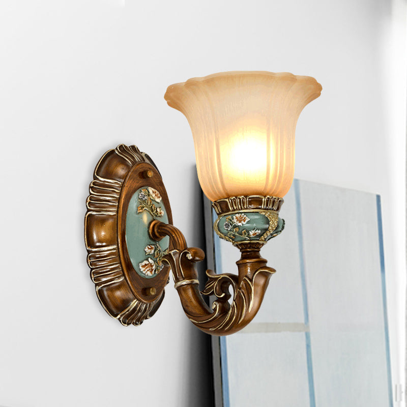 Vintage Glass Wall Light With Fluted Floral Design - 1/2-Head Bedside Mount In Brown 1 /