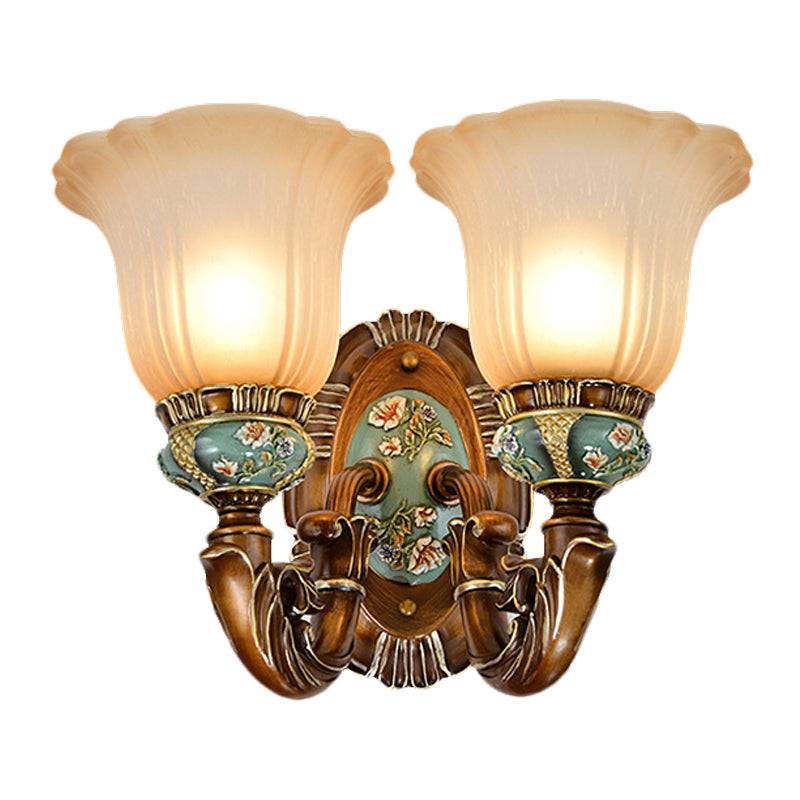 Vintage Glass Wall Light With Fluted Floral Design - 1/2-Head Bedside Mount In Brown