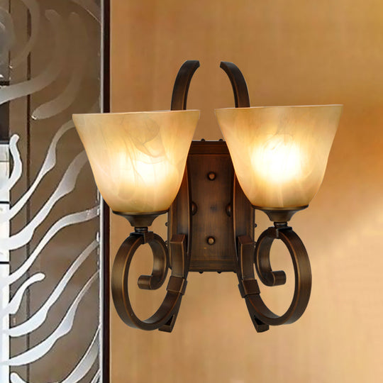 Minimalist Tapered Sconce Lighting: 2-Light Wall Lamp Fixture In Bronze With Crackled Glass &