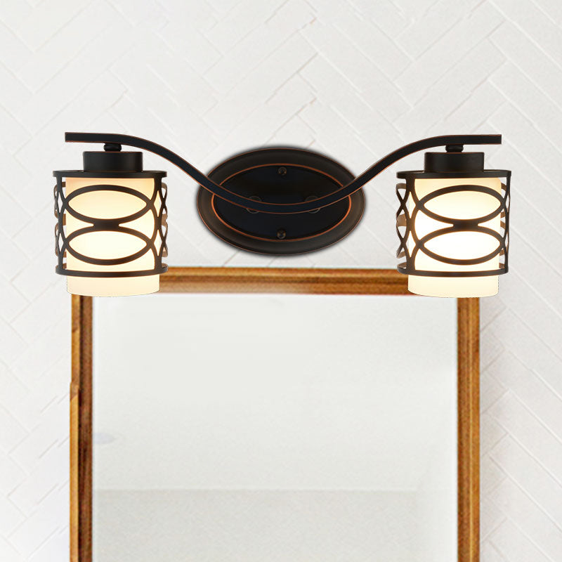 Black Hollowed Frame Milky Glass Vanity Light For Shower/Bath With 2-Blubs - Classic Style