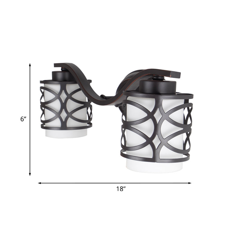 Black Hollowed Frame Milky Glass Vanity Light For Shower/Bath With 2-Blubs - Classic Style