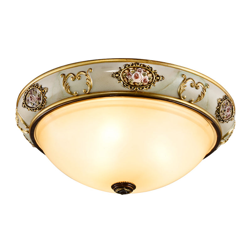Vintage Opal Glass Bowl Flush Mount Ceiling Lamp With 3 Lights - Gold Finish