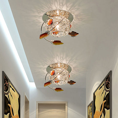 Modern Leaf Corridor Flushmount Light With Faceted Tan Crystal And Globe Cage Shade