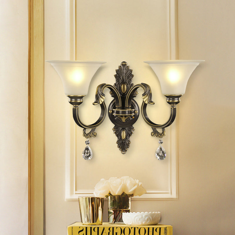 Black And Gold Crystal Raindrop Bell Shade Wall Sconce Light Fixture With 2-Bulb Mount Black-Gold
