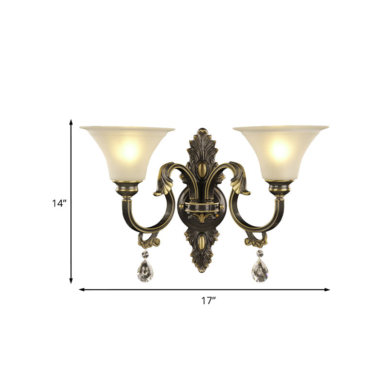 Black And Gold Crystal Raindrop Bell Shade Wall Sconce Light Fixture With 2-Bulb Mount