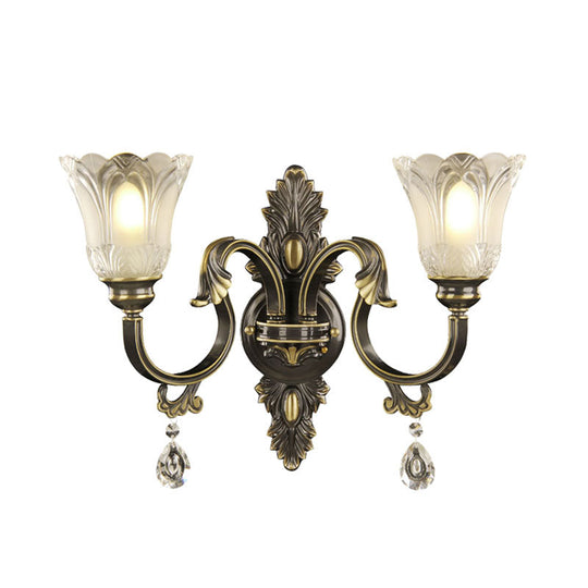 Modern Floral Shade Wall Sconce With Crystal Drip - 2 Lights Black & Gold