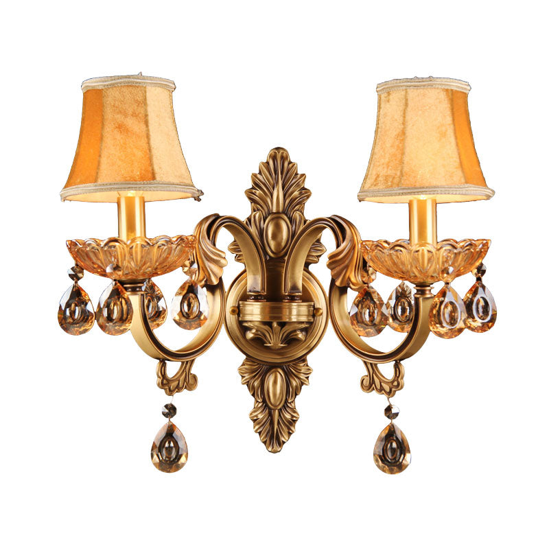 Crystal Raindrop Fabric Sconce: Countryside Brass Wall Lighting For Bedroom