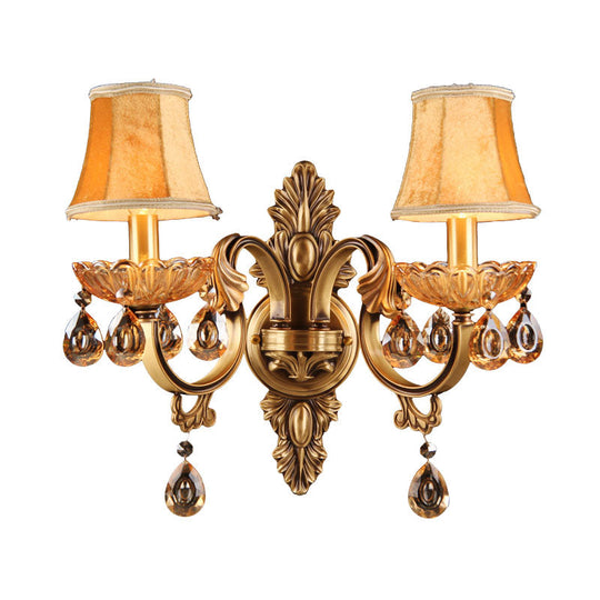Crystal Raindrop Fabric Sconce: Countryside Brass Wall Lighting For Bedroom
