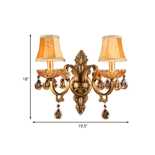 Crystal Raindrop Fabric Sconce: Countryside Brass Wall Lighting For Bedroom