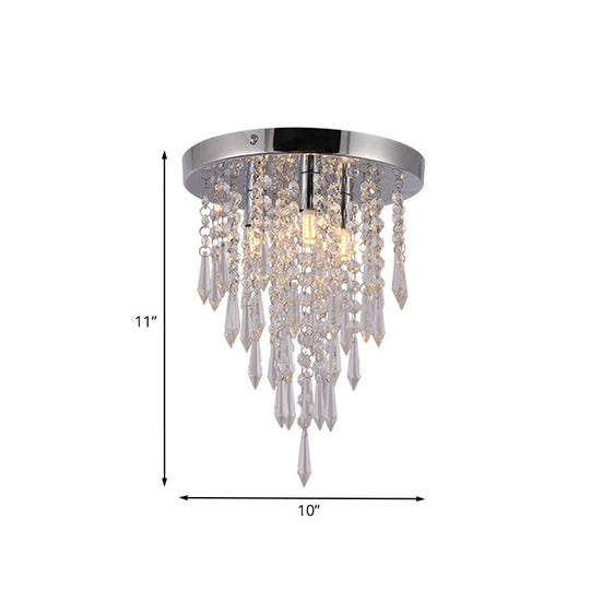 Nordic Crystal Droplet Flush Mount Ceiling Light Fixture In Chrome - 3 Lights