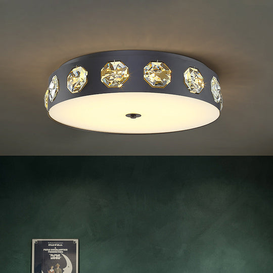 Contemporary Black Led Flush Mount Ceiling Light Fixture With Crystal Drum Insert