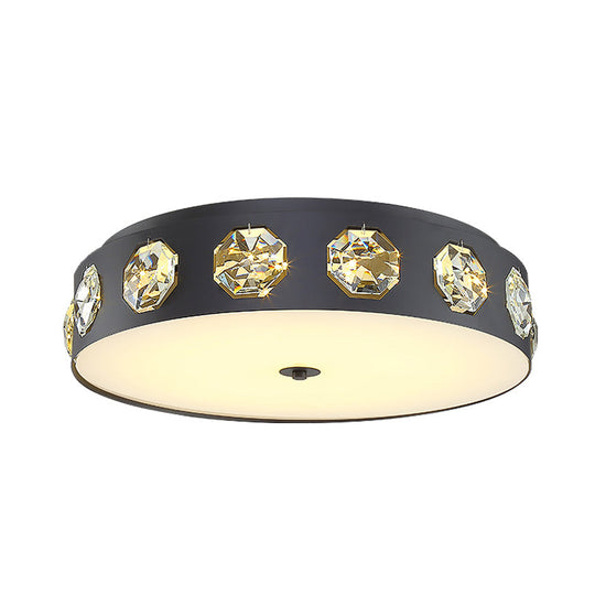 Contemporary Black Led Flush Mount Ceiling Light Fixture With Crystal Drum Insert