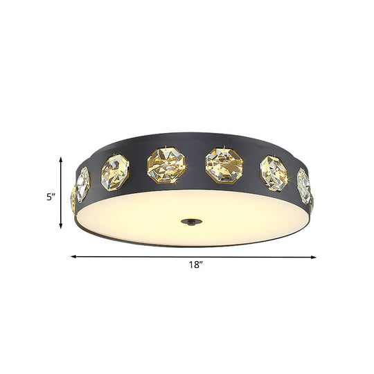 Contemporary Black Led Flush Mount Ceiling Light Fixture With Crystal Drum Insert