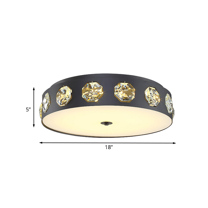 Contemporary Black Led Flush Mount Ceiling Light Fixture With Crystal Drum Insert