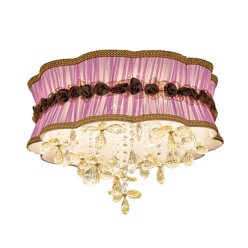 Nordic Crystal Floral Flushmount Light With Sheer Fabric Shade - Coffee/Pink 6-Bulb Close To Ceiling