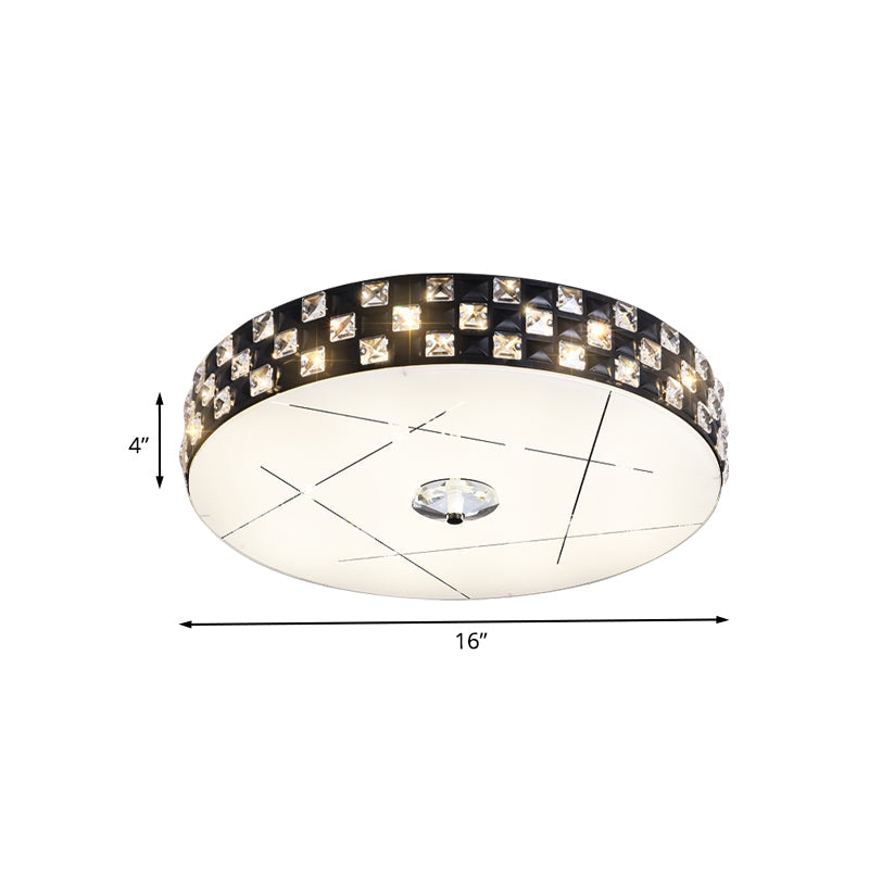 Black Beveled Crystal Led Drum Flushmount Ceiling Light For Guest Room