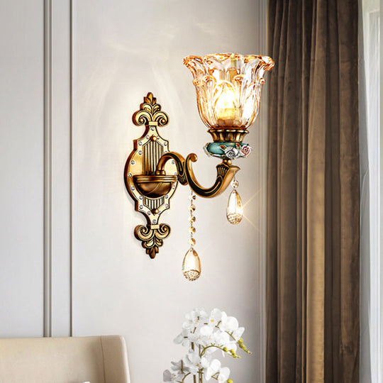 Simple Floral Crystal Prism Brass Sconce Light Fixture - 1-Head Wall Lighting Idea