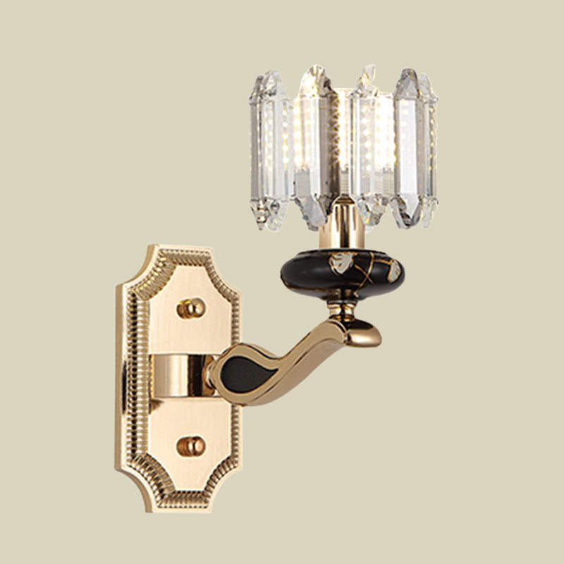 Minimalist Gold Wall Sconce Light - Faceted Glass Cylindrical Design Bedroom Mount Lamp