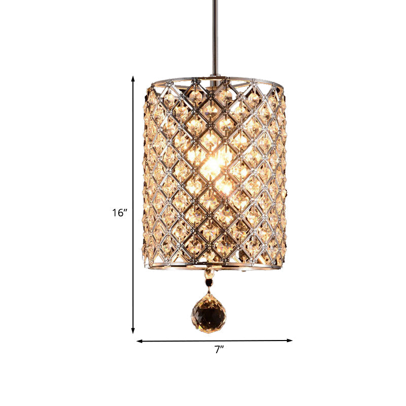 Modern Silver Faceted Crystal Pendant Ceiling Lamp - 1 Head Cylindrical Design