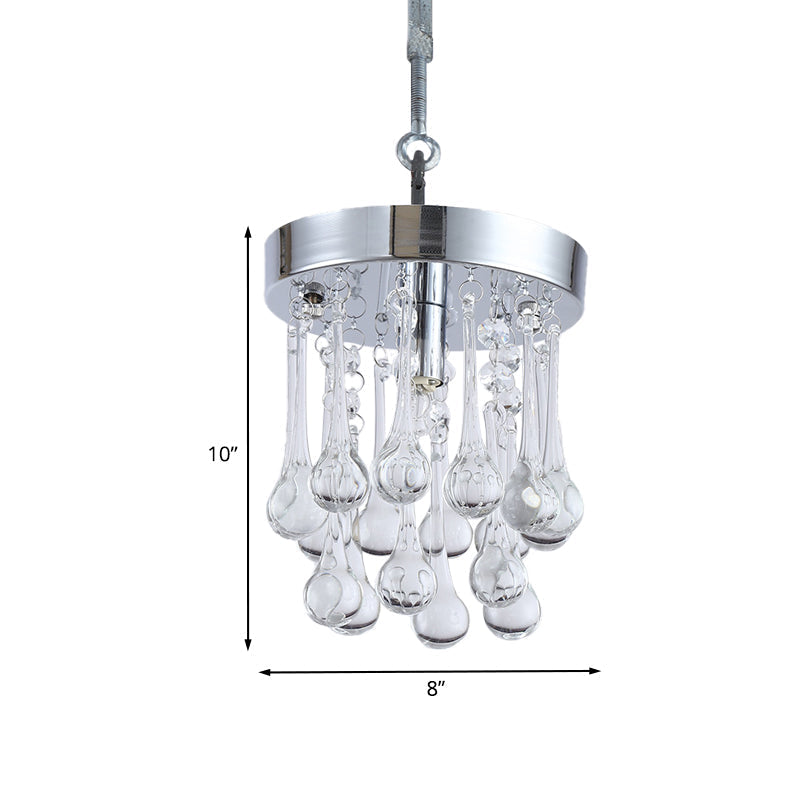 Beveled K9 Crystal Ceiling Light With Raindrop Design: Modern 1-Light Guest Room Pendant In Chrome
