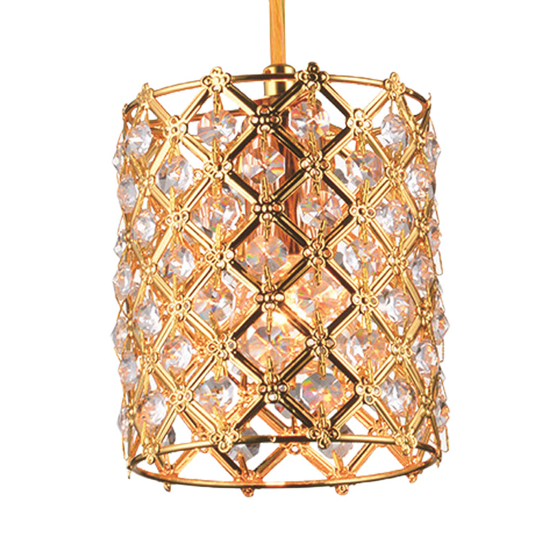 Gold Crystal Ceiling Pendant Light - Hand-Crafted Cylindrical Fixture With Straight Arm 1 Bulb