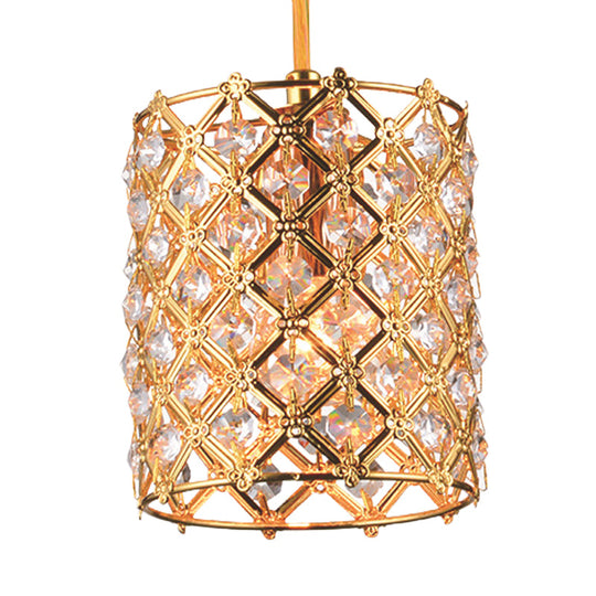 Gold Crystal Ceiling Pendant Light - Hand-Crafted Cylindrical Fixture With Straight Arm 1 Bulb